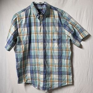 MENS CHAPS MULTICOLOR PLAID BUTTON DOWN SHORT SLEEVE SHIRT SIZE L